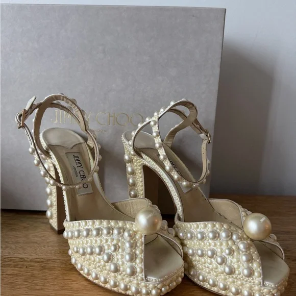 Jimmy Choo Sacaria Platform 120: Pearl-Studded Ivory Heels - Picture 5 of 10
